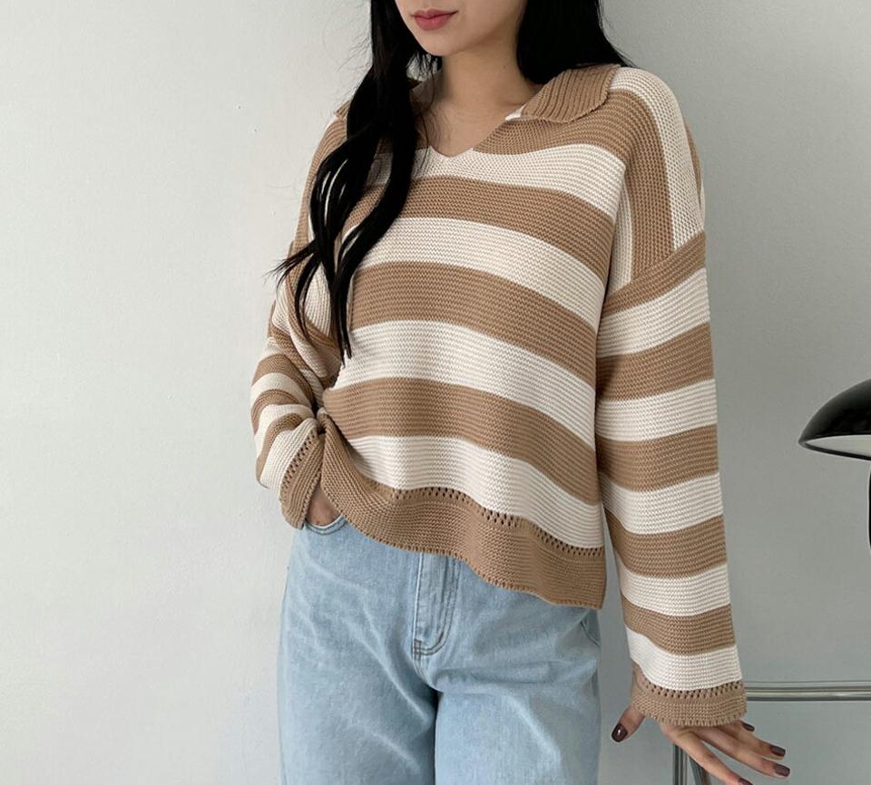 カラーワイドボーダーニット・全3色・t63346 レディース 【tops】【韓国 ファッション トップス ニット 長袖 カラー ワイドニット ボーダー 配色 ストライプ Vネック パターン ルーズ ゆったり スリム 体型カーバー ガーリー カジュアル 秋 春】【NIJU】
