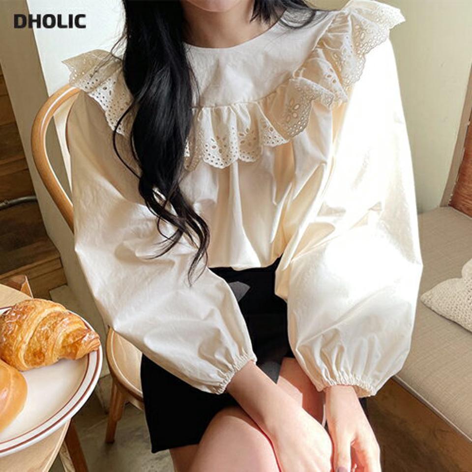 アイレットレースフリルブラウス・全2色・t63340 レディース 【bl】【韓国 ファッション トップス ブラウス 長袖 上品 ガーリー アイレット レース フリル ラブリー ラウンドネック カジュアル 体型カバー 細身 デイリー 秋 春】【NIJU】