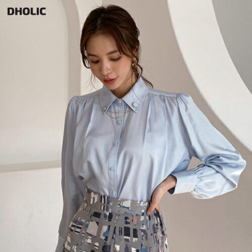 チェーンボタン付シャツブラウス・全3色・t67202 レディース 【bl】【トップス ブラウス シャツブラウス チェーン 長袖 ユニーク 単色 シンプル 大人 きれいめ オフィスカジュアル 春 秋 韓国 ファッション】【ハイホリHIHOLLI】