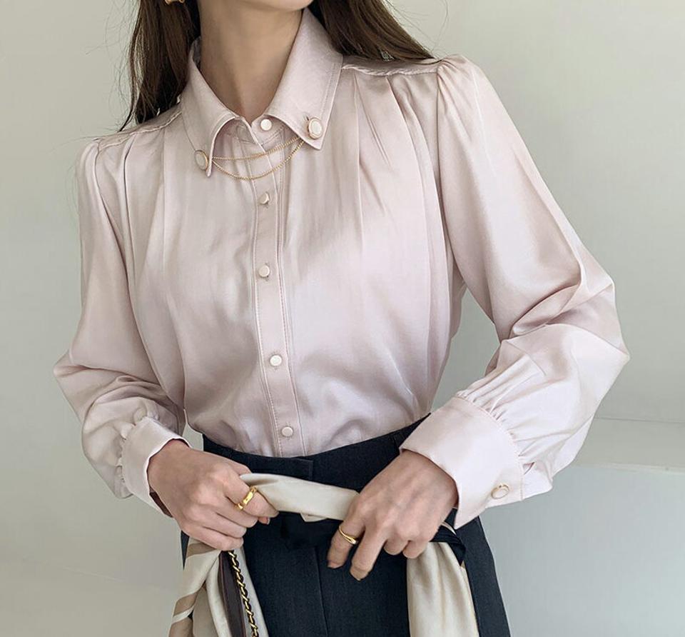 チェーンボタン付シャツブラウス・全3色・t67202 レディース 【bl】【トップス ブラウス シャツブラウス チェーン 長袖 ユニーク 単色 シンプル 大人 きれいめ オフィスカジュアル 春 秋 韓国 ファッション】【ハイホリHIHOLLI】