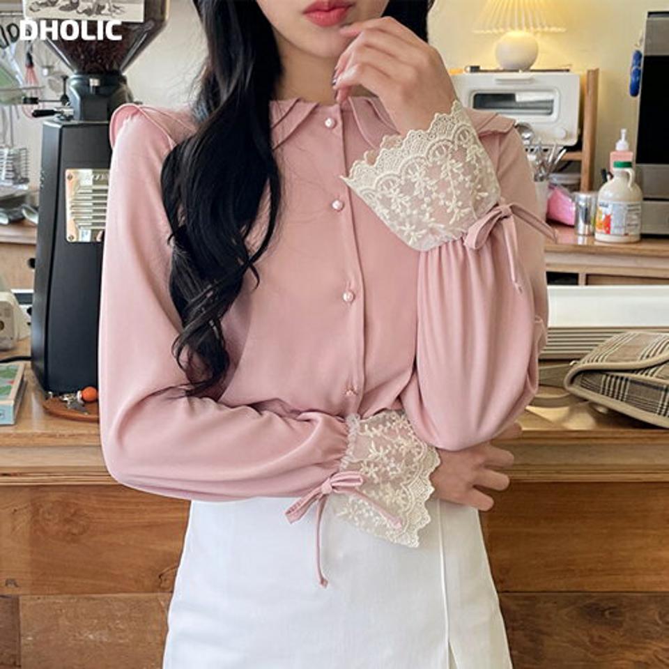 レースカフスカラーブラウス・全3色・t63339 レディース 【bl】【韓国 ファッション トップス ブラウス 長袖 レース レースカフス 上品 ガーリー ラウンドネック カジュアル 体型カバー 細身 デイリー 秋 春】【NIJU】