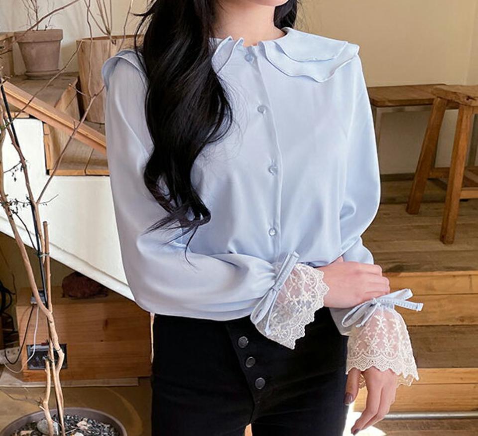 レースカフスカラーブラウス・全3色・t63339 レディース 【bl】【韓国 ファッション トップス ブラウス 長袖 レース レースカフス 上品 ガーリー ラウンドネック カジュアル 体型カバー 細身 デイリー 秋 春】【NIJU】