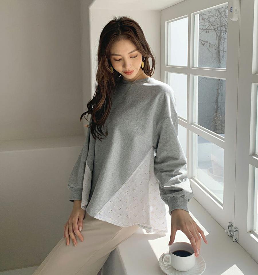 サイドパンチングレースTシャツ・全3色・b67200 レディース 【tops】【トップス Tシャツ 長袖 パンチング レース 花柄 フラワー 可愛い かわいい シンプル フレア フレアトップス 春 秋 韓国 ファッション】【ハイホリHIHOLLI】