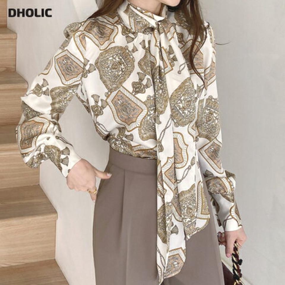 パターンリボンブラウス・全2色・b67197 レディース 【bl】【トップス ブラウス 長袖 リボン りぼん 総柄 モダン 大人 ハイネック 春 秋 韓国 ファッション】【ハイホリHIHOLLI】