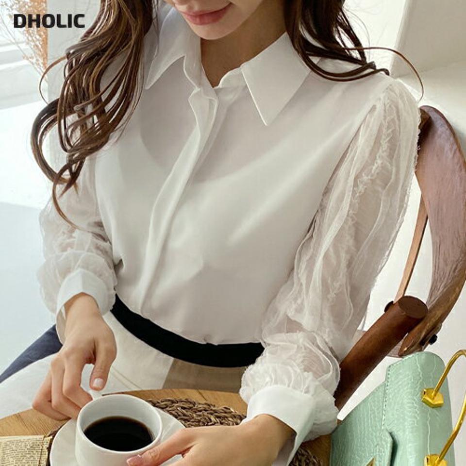 スリーブフリルメュシュブラウス・全2色・t67203 レディース 【bl】【トップス ブラウス メッシュ 透け感 シアー シースルー フリル 袖コンシャス フェミニン デート 春 秋 韓国 ファッション】【ハイホリHIHOLLI】