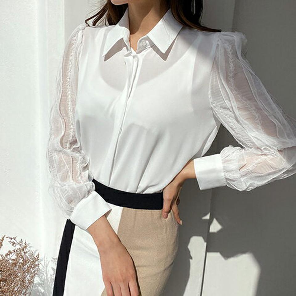 スリーブフリルメュシュブラウス・全2色・t67203 レディース 【bl】【トップス ブラウス メッシュ 透け感 シアー シースルー フリル 袖コンシャス フェミニン デート 春 秋 韓国 ファッション】【ハイホリHIHOLLI】