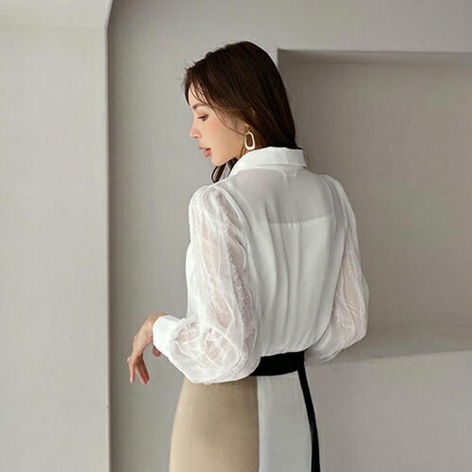 スリーブフリルメュシュブラウス・全2色・t67203 レディース 【bl】【トップス ブラウス メッシュ 透け感 シアー シースルー フリル 袖コンシャス フェミニン デート 春 秋 韓国 ファッション】【ハイホリHIHOLLI】