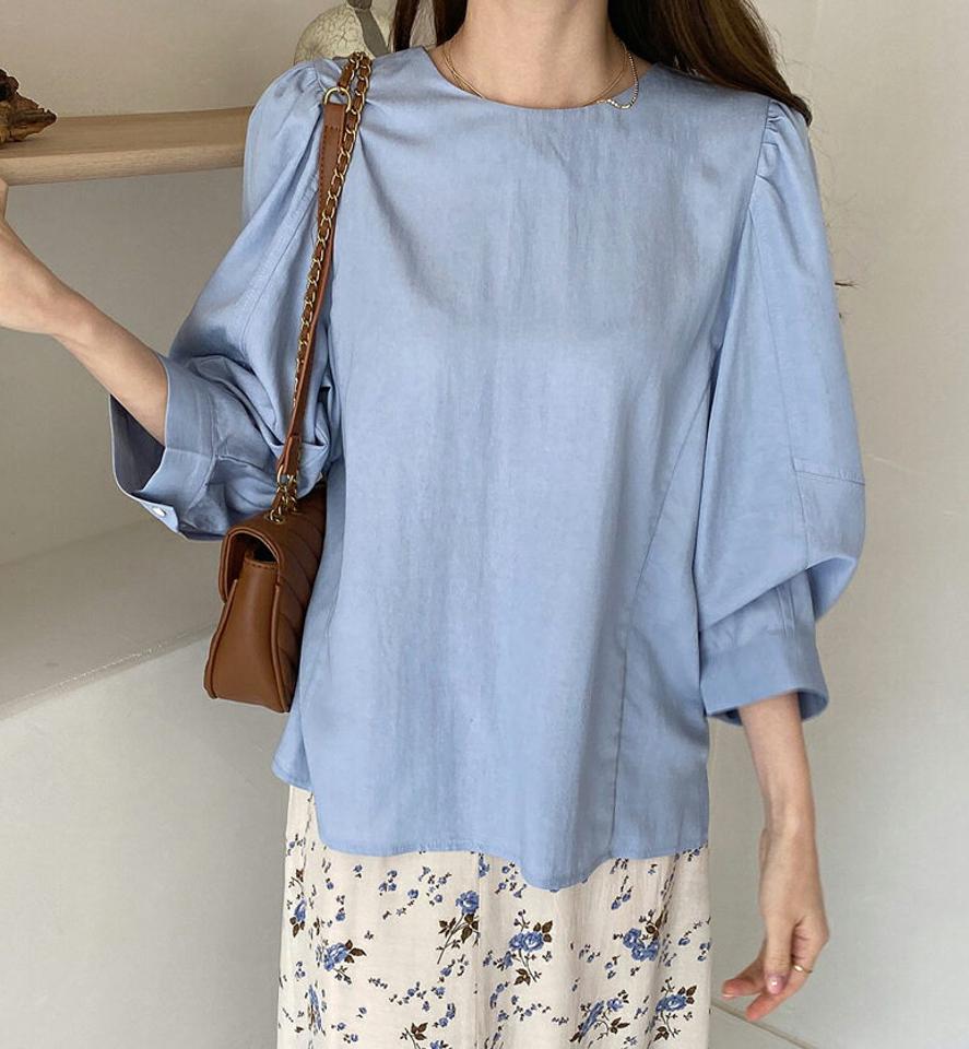 ラウンドパフブラウス・全4色・b67181 レディース 【bl】【トップス ブラウス パフスリーブ パフ袖 ボリューム袖 単色 無地 シンプル ナチュラル 大人 かわいい 春 秋 韓国 ファッション】【ハイホリHIHOLLI】