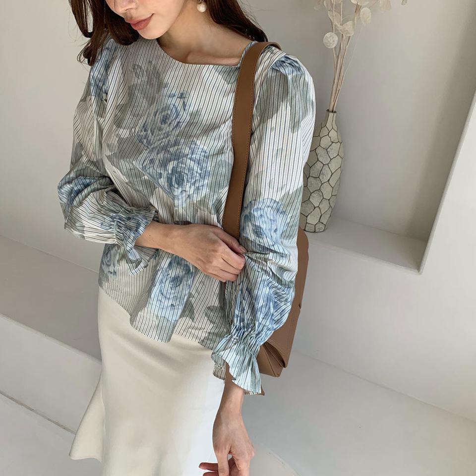 ローズストライプブラウス・全2色・b67184 レディース 【bl】【トップス ブラウス ストライプ柄 花柄 フラワー フェミニン 大人 ローズ バラ 大人 きれいめ 春 秋 韓国 ファッション】【ハイホリHIHOLLI】【fw】