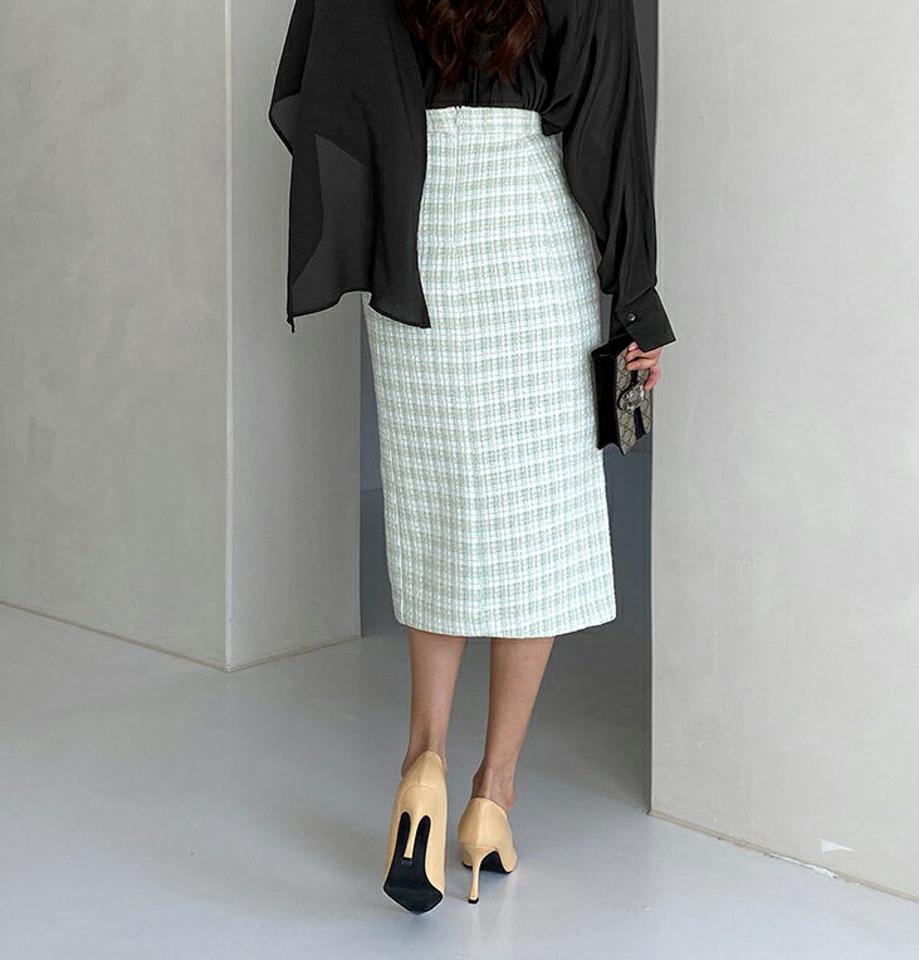 ツイードスリットスカート・全2色・t67214 レディース 【sk】【スカート ミディ丈 ミディスカート スリット ツイード チェック柄 大人 フェミニン きれいめ 深スリット 春 秋 韓国 ファッション】【ハイホリHIHOLLI】