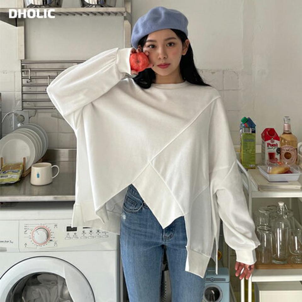 カットへムスウェット・全3色・t63337 レディース 【tops】【韓国 ファッション トップス スウェット アンバランス Tシャツ カットソー 長袖 ラウンドネック ルーズ ゆったり デイリー ベーシック カジュアル 無地 秋 春】【NIJU】