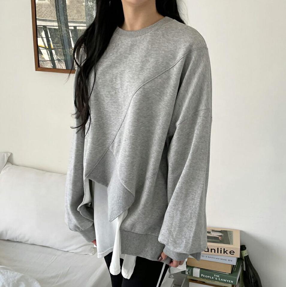 カットへムスウェット・全3色・t63337 レディース 【tops】【韓国 ファッション トップス スウェット アンバランス Tシャツ カットソー 長袖 ラウンドネック ルーズ ゆったり デイリー ベーシック カジュアル 無地 秋 春】【NIJU】