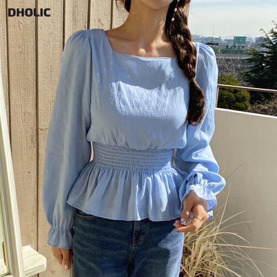 スクエアフレアブラウス・全4色・t56970 レディース 【bl】【韓国 ファッション トップス ブラウス 長袖 上品 デコルテ スクエアネック ウエストシャーリング フレアブラウス ボリューム 体型カバー フェミニン カジュアル デイリー 秋 春】