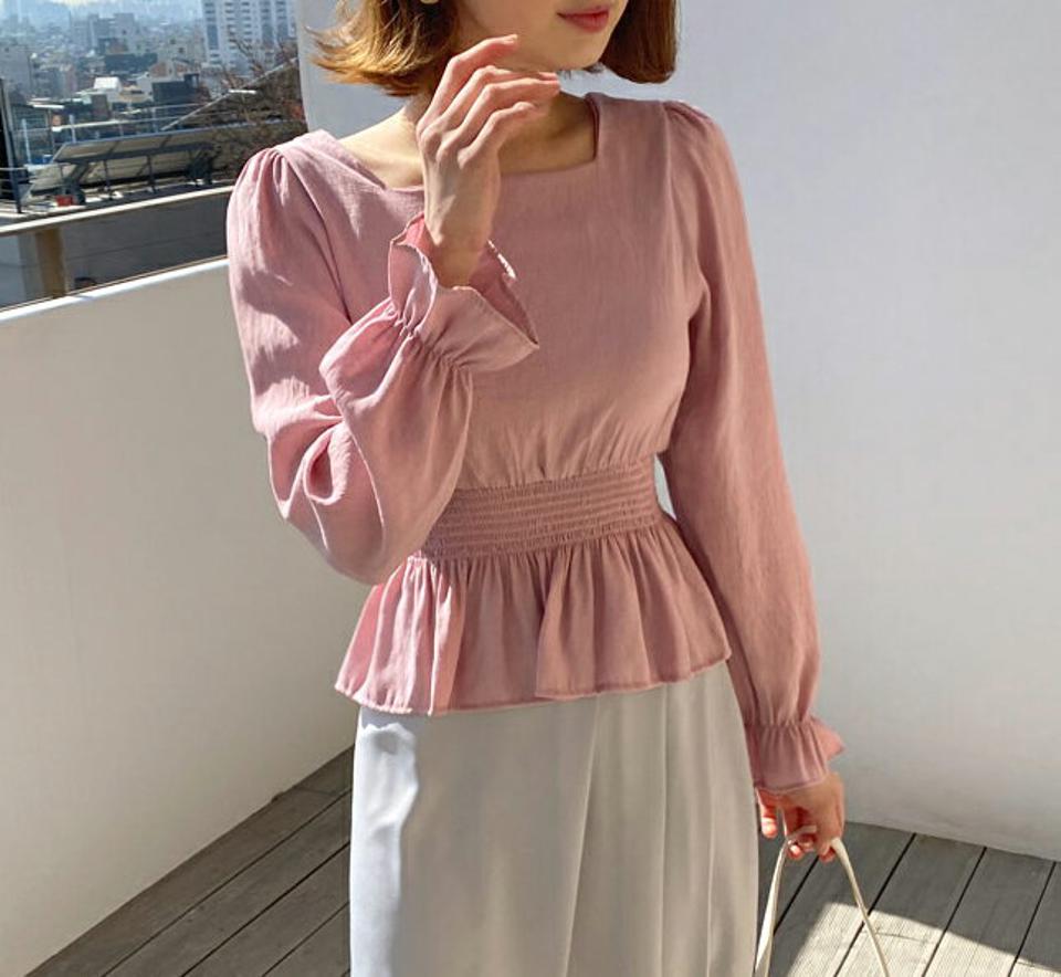 スクエアフレアブラウス・全4色・t56970 レディース 【bl】【韓国 ファッション トップス ブラウス 長袖 上品 デコルテ スクエアネック ウエストシャーリング フレアブラウス ボリューム 体型カバー フェミニン カジュアル デイリー 秋 春】