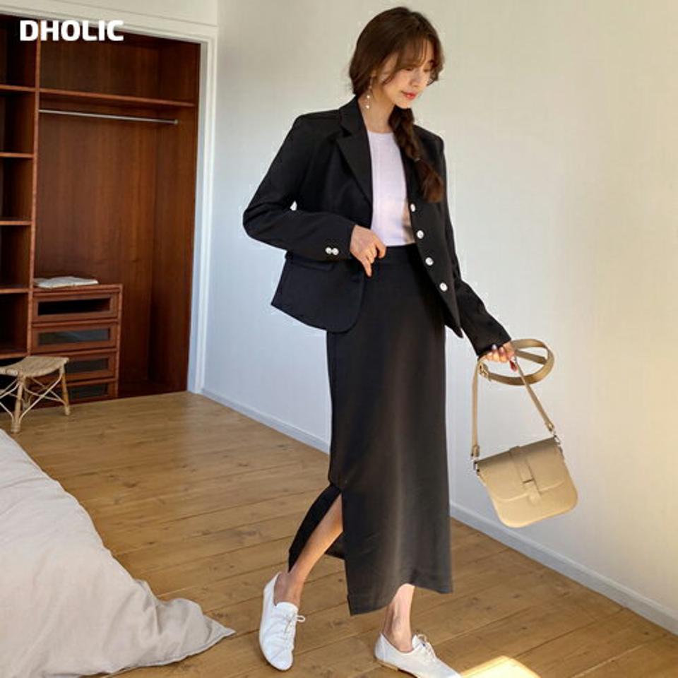 4ボタンジャケット&Hラインサイドスリットスカート・全3色・t56958 レディース 【ops】【韓国 ファッション ワンピース セットアップ ロング ロングワンピース ジャケット サイドポケット スカート Hライン サイドスリット フェミニン 体型カバー 秋 春】