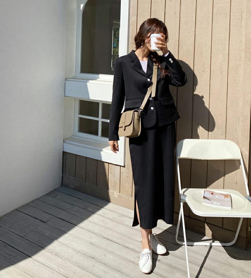 4ボタンジャケット&Hラインサイドスリットスカート・全3色・t56958 レディース 【ops】【韓国 ファッション ワンピース セットアップ ロング ロングワンピース ジャケット サイドポケット スカート Hライン サイドスリット フェミニン 体型カバー 秋 春】