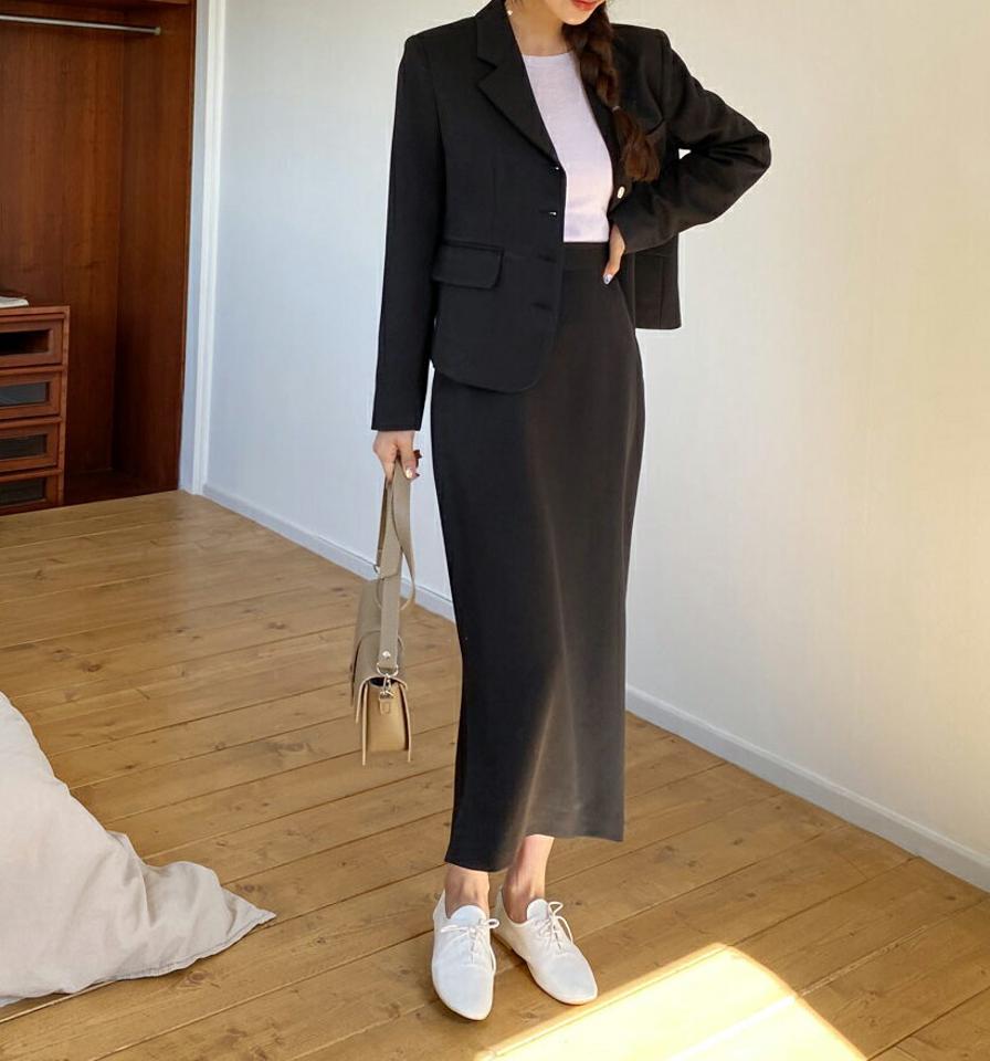 4ボタンジャケット&Hラインサイドスリットスカート・全3色・t56958 レディース 【ops】【韓国 ファッション ワンピース セットアップ ロング ロングワンピース ジャケット サイドポケット スカート Hライン サイドスリット フェミニン 体型カバー 秋 春】