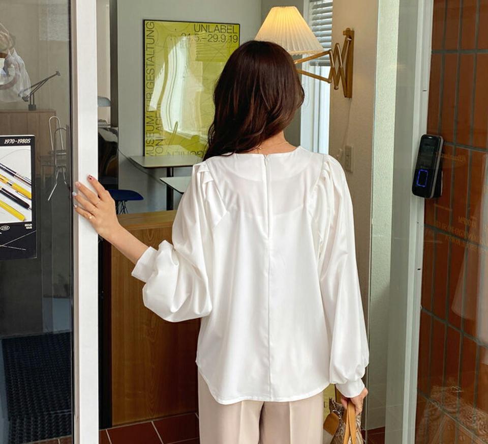 即日配送 パフスリーブブラウス・全3色・t56950 レディース 【bl】 韓国ファッション トップス ブラウス 長袖 上品 パフスリーブ ラウンドネック ボリューム 無地 ベーシック 体型カバー フェミニン カジュアル デイリー 秋 春