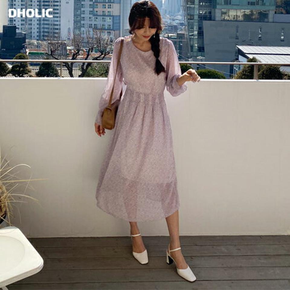 小花柄ロングワンピース・全3色・t56954 レディース 【ops】【韓国 ファッション ワンピース ロング ロングワンピース ラウンドネック パターン 花柄 リボン ウエストリボン フェミニン 上品 細身 体型カバー 秋 春】【fw】