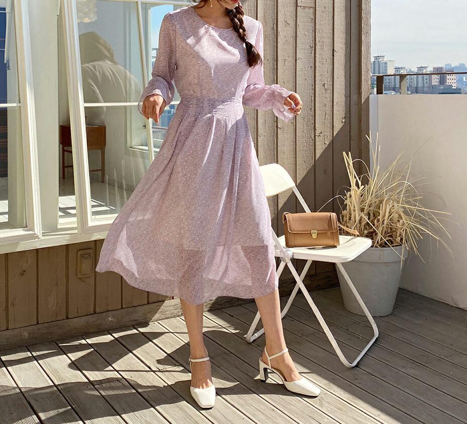 小花柄ロングワンピース・全3色・t56954 レディース 【ops】【韓国 ファッション ワンピース ロング ロングワンピース ラウンドネック パターン 花柄 リボン ウエストリボン フェミニン 上品 細身 体型カバー 秋 春】【fw】