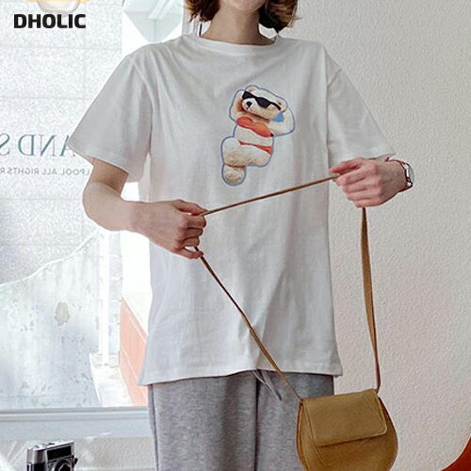 ベアプリントTシャツ・全2色・t56968 レディース 【tops】【韓国 ファッション トップス Tシャツ 半袖 スリム ベア プリント ラウンドネック ハーフスリーブ くまさん クマ くま 体型カーバー デイリー 細身 秋 春】