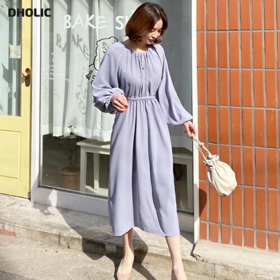 ラウンドネックギャザーワンピース・全3色・t56971 レディース 【ops】【韓国 ファッション ワンピース ロング ロングワンピース ラウンドネック ラグランスリーブ ウエストリボン ギャザー フェミニン 上品 細身 体型カバー 秋 春】