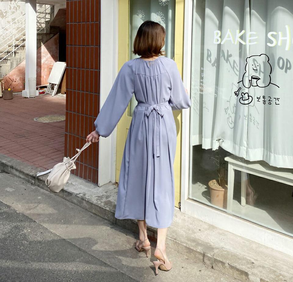 ラウンドネックギャザーワンピース・全3色・t56971 レディース 【ops】【韓国 ファッション ワンピース ロング ロングワンピース ラウンドネック ラグランスリーブ ウエストリボン ギャザー フェミニン 上品 細身 体型カバー 秋 春】