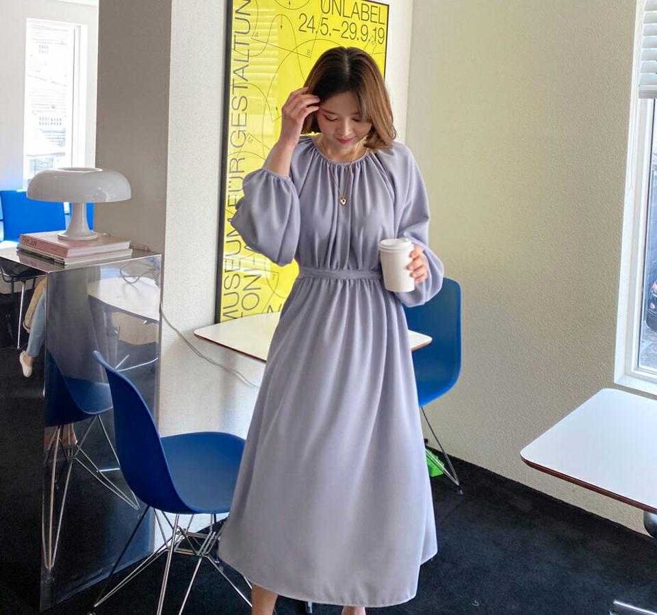 ラウンドネックギャザーワンピース・全3色・t56971 レディース 【ops】【韓国 ファッション ワンピース ロング ロングワンピース ラウンドネック ラグランスリーブ ウエストリボン ギャザー フェミニン 上品 細身 体型カバー 秋 春】