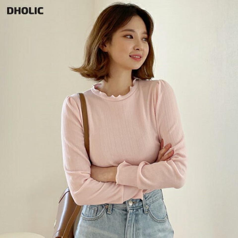 ウェーブリブTシャツ・全4色・t56944 レディース 【tops】【韓国 ファッション トップス Tシャツ 長袖 パフスリーブ ハーフネック ウェーブ リブ ベーシック スリム 体型カーバー デイリー 細身 無地 秋 春】