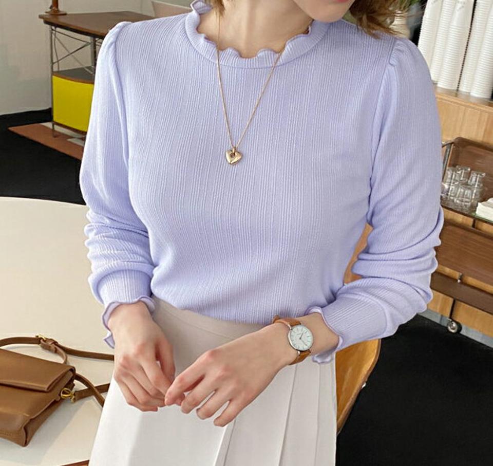 ウェーブリブTシャツ・全4色・t56944 レディース 【tops】【韓国 ファッション トップス Tシャツ 長袖 パフスリーブ ハーフネック ウェーブ リブ ベーシック スリム 体型カーバー デイリー 細身 無地 秋 春】