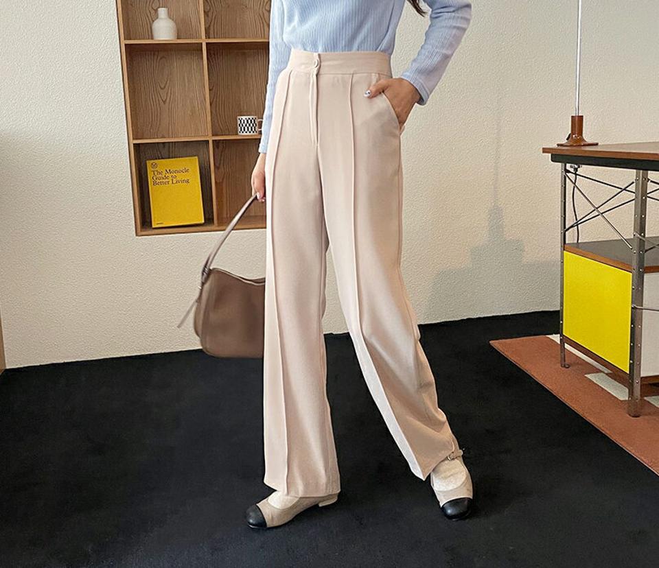 センタープレスストレートスラックス・全3色・t56976 レディース 【pt】【韓国 ファッション ボトムス パンツ スラックス センタープレス ストレート 美脚 オフィスカジュアル ハイウエスト 無地 体型カーバー 秋 春】