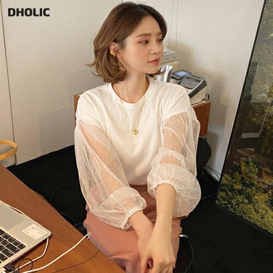 ドットメッシュTシャツ・全4色・b56946 レディース 【tops】【韓国 ファッション トップス Tシャツ 長袖 トレンディ ドット メッシュ 透け感 パターン シースルー 体型カーバー デイリー 細身 無地 秋 春】