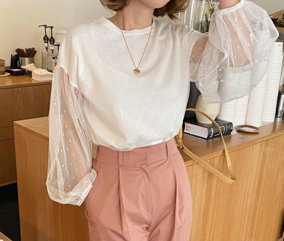 ドットメッシュTシャツ・全4色・b56946 レディース 【tops】【韓国 ファッション トップス Tシャツ 長袖 トレンディ ドット メッシュ 透け感 パターン シースルー 体型カーバー デイリー 細身 無地 秋 春】