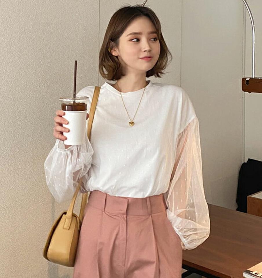 ドットメッシュTシャツ・全4色・b56946 レディース 【tops】【韓国 ファッション トップス Tシャツ 長袖 トレンディ ドット メッシュ 透け感 パターン シースルー 体型カーバー デイリー 細身 無地 秋 春】