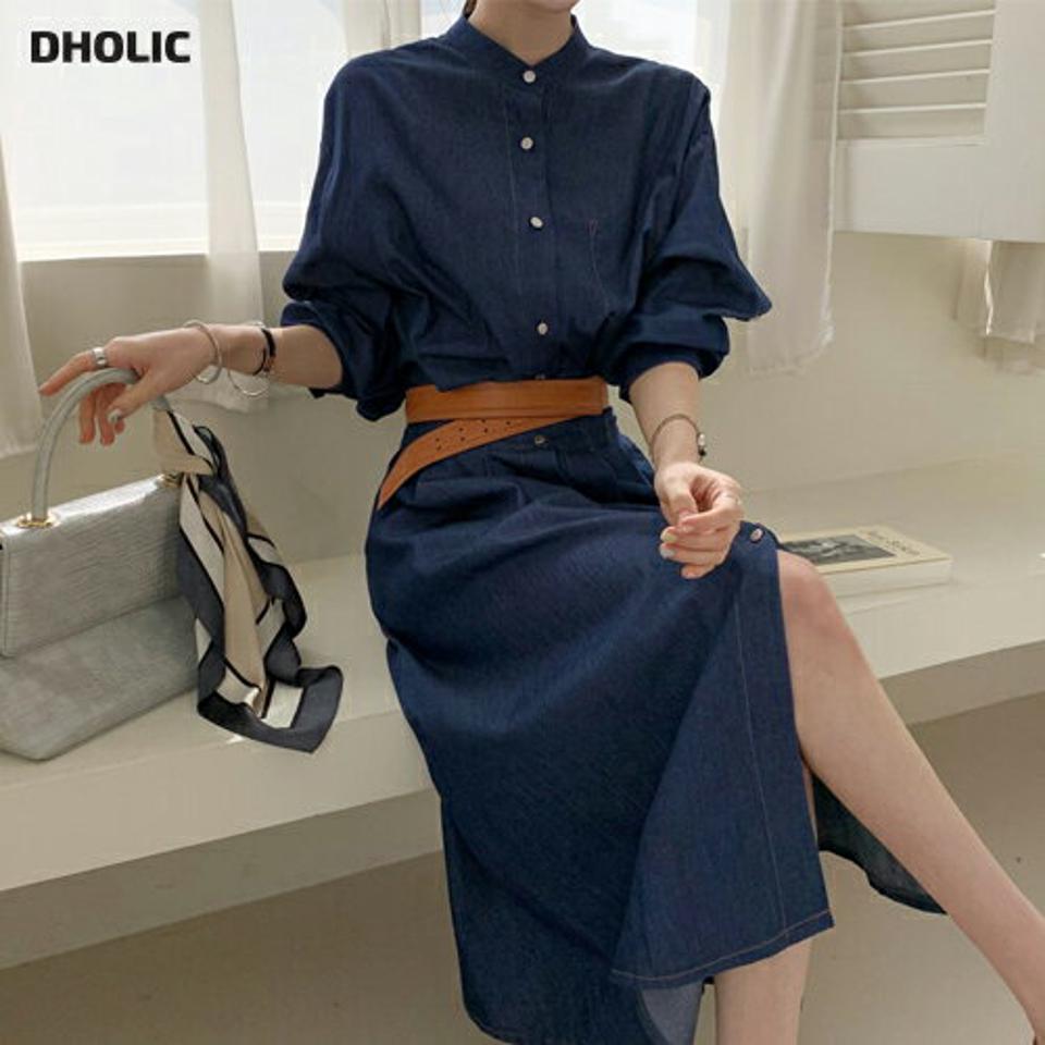 【只今10%OFF】ストラップ付バンドカラーデニムワンピース・全2色・b67170 レディース 【ops】【ワンピース 長袖 デニム デニムワンピース バンドカラー ストラップ シンプル 無地 カジュアル 春 秋 韓国 ファッション】【ハイホリHIHOLLI】