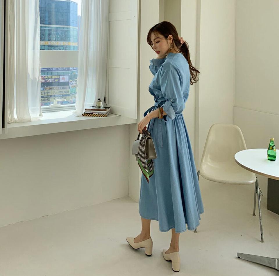 【只今10%OFF】ストラップ付バンドカラーデニムワンピース・全2色・b67170 レディース 【ops】【ワンピース 長袖 デニム デニムワンピース バンドカラー ストラップ シンプル 無地 カジュアル 春 秋 韓国 ファッション】【ハイホリHIHOLLI】