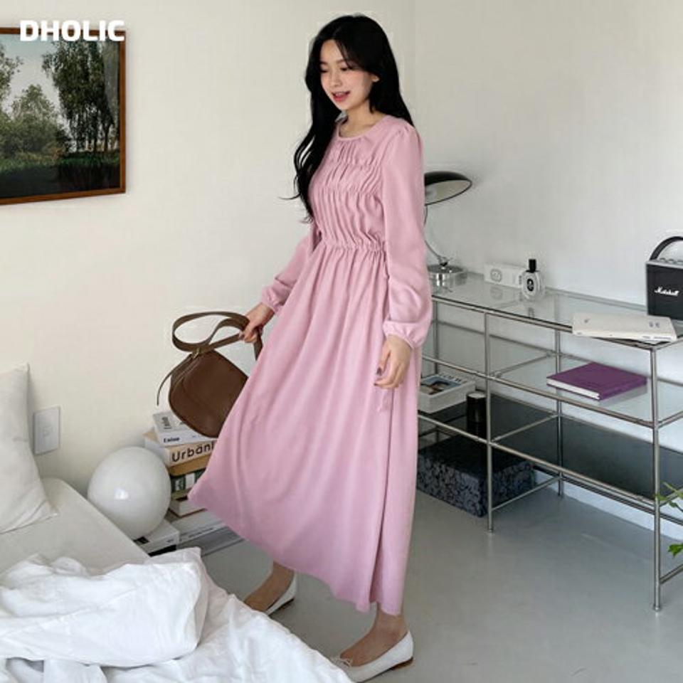 シャーリングフレアワンピース・全3色・t63329 レディース 【ops】【韓国 ファッション ワンピース ロング ロングワンピース カジュアル フェミニン ラウンドネック シャーリング ウエストストリング スリム 体型カバー 秋 春】【NIJU】