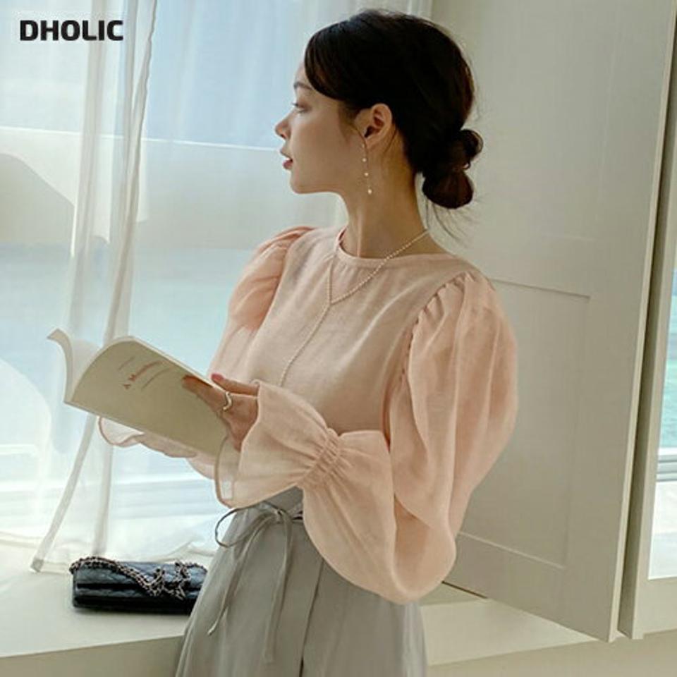 バックリボンシアーブラウス・全2色・t67156 レディース 【bl】【トップス ブラウス シアーブラウス シアー 透け感 シースルー 長袖 バックシャン リボン りぼん フェミニン 可愛い かわいい 春 秋 韓国 ファッション】【ハイホリHIHOLLI】