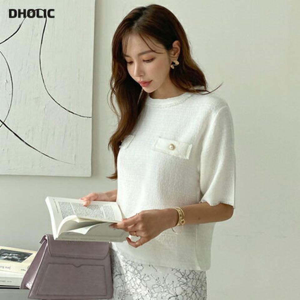 ツイードボタン半袖ブラウス・全2色・t32613 レディース 【bl】【トップス ブラウス 半袖 ツイード パールボタン 大人 フェミニン きれいめ 高級感 通勤 オフィスカジュアル 春 夏 秋 韓国 ファッション】【ハイホリHIHOLLI】