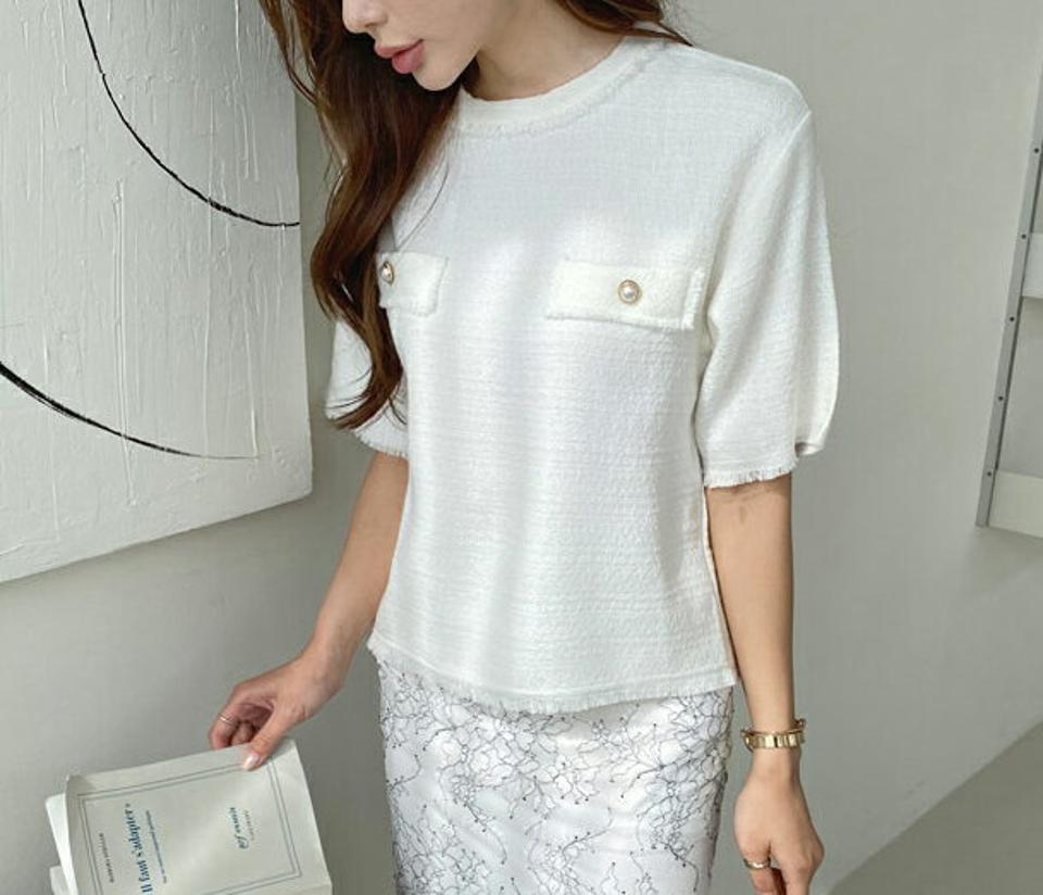 ツイードボタン半袖ブラウス・全2色・t32613 レディース 【bl】【トップス ブラウス 半袖 ツイード パールボタン 大人 フェミニン きれいめ 高級感 通勤 オフィスカジュアル 春 夏 秋 韓国 ファッション】【ハイホリHIHOLLI】