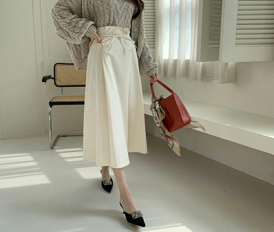 タックリボンスカート・全3色・t67180 レディース 【sk】【スカート ロング ロングスカート タック リボン りぼん 単色 無地 シンプル 大人 かわいい 春 秋 韓国 ファッション】【ハイホリHIHOLLI】