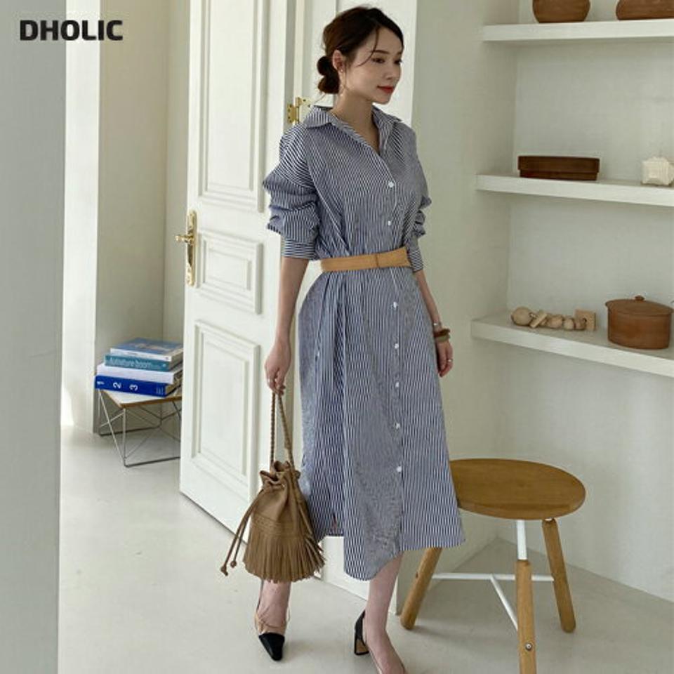 ストライプシャツワンピース・全3色・t67168 レディース 【ops】【ワンピース ミディ丈 ミディワンピース シャツワンピース ロングシャツ ストライプ柄 大人 爽やか 長袖 春 秋 韓国 ファッション】【ハイホリHIHOLLI】