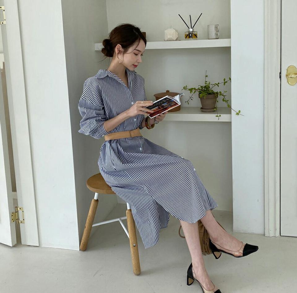 ストライプシャツワンピース・全3色・t67168 レディース 【ops】【ワンピース ミディ丈 ミディワンピース シャツワンピース ロングシャツ ストライプ柄 大人 爽やか 長袖 春 秋 韓国 ファッション】【ハイホリHIHOLLI】