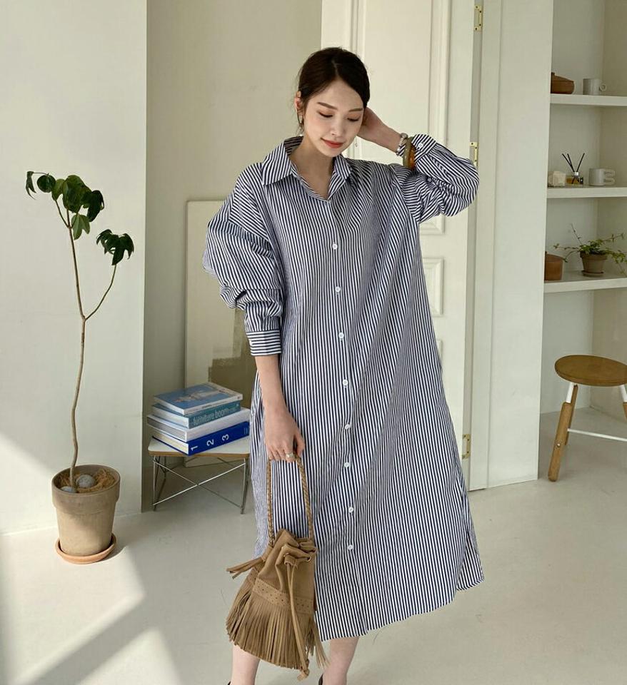 ストライプシャツワンピース・全3色・t67168 レディース 【ops】【ワンピース ミディ丈 ミディワンピース シャツワンピース ロングシャツ ストライプ柄 大人 爽やか 長袖 春 秋 韓国 ファッション】【ハイホリHIHOLLI】