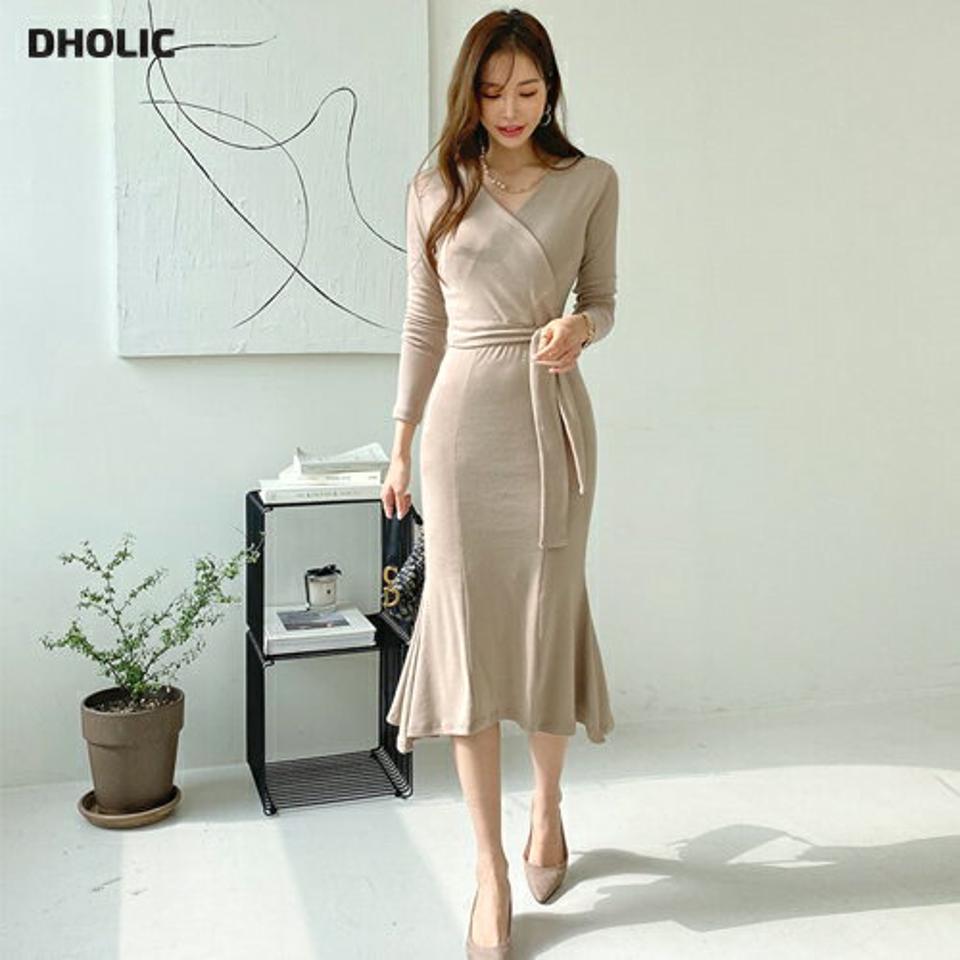 ストラップ付カシュクールワンピース・全4色・t67169 レディース 【ops】ワンピース ミディ丈 ミディワンピース 長袖 カシュクール ストラップ 単色 無地 シンプル フェミニン 結婚式 春 秋 韓国ファッション ハイホリHIHOLLI