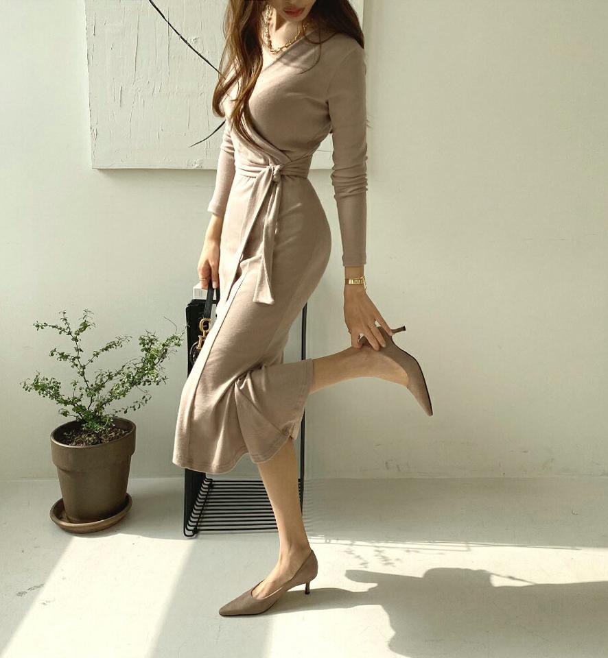 ストラップ付カシュクールワンピース・全4色・t67169 レディース 【ops】ワンピース ミディ丈 ミディワンピース 長袖 カシュクール ストラップ 単色 無地 シンプル フェミニン 結婚式 春 秋 韓国ファッション ハイホリHIHOLLI