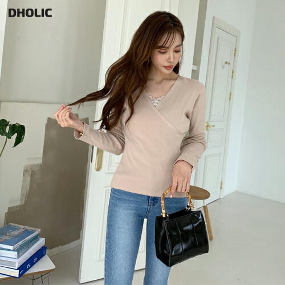 リブカシュクールニット・全4色・t67165 レディース 【tops】【トップス ニット ニットトップス 長袖 カシュクール リブ リブニット 単色 フェミニン シンプル 大人 きれいめ 春 秋 韓国 ファッション】【ハイホリHIHOLLI】