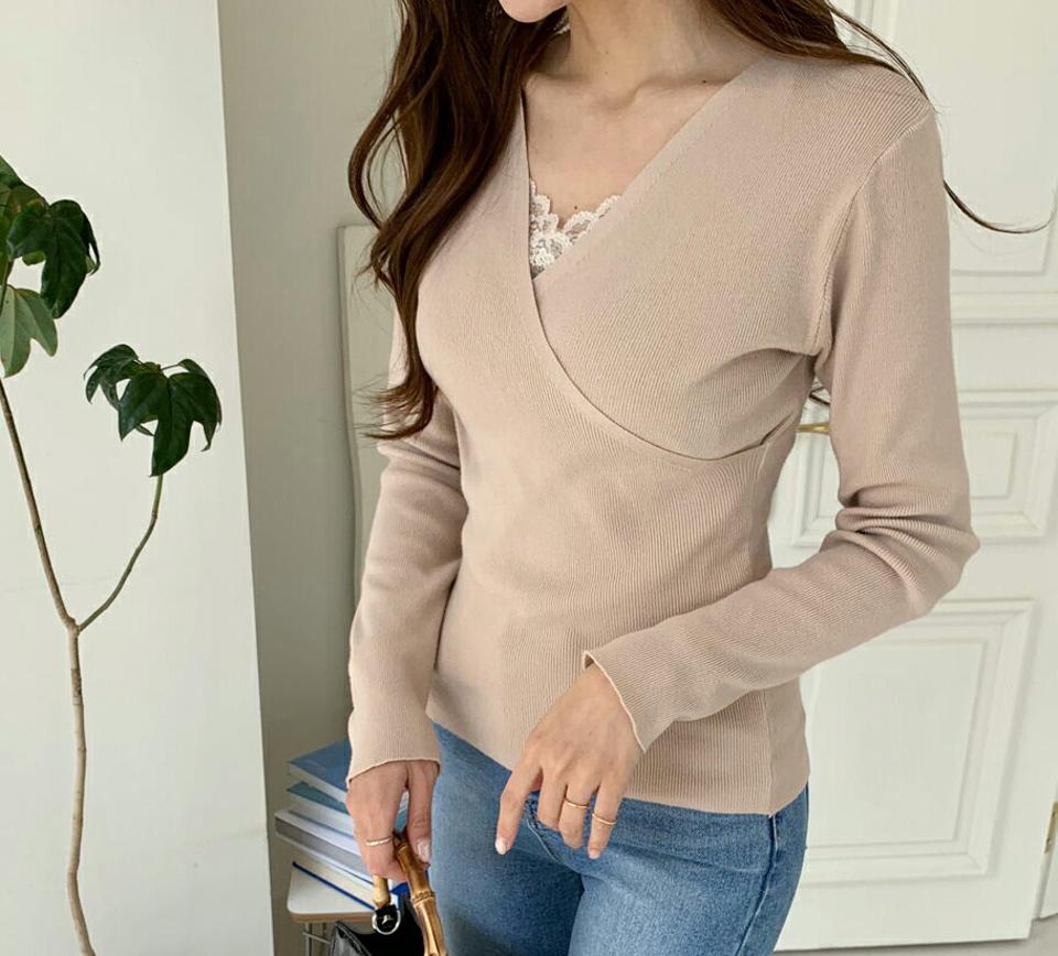 リブカシュクールニット・全4色・t67165 レディース 【tops】【トップス ニット ニットトップス 長袖 カシュクール リブ リブニット 単色 フェミニン シンプル 大人 きれいめ 春 秋 韓国 ファッション】【ハイホリHIHOLLI】