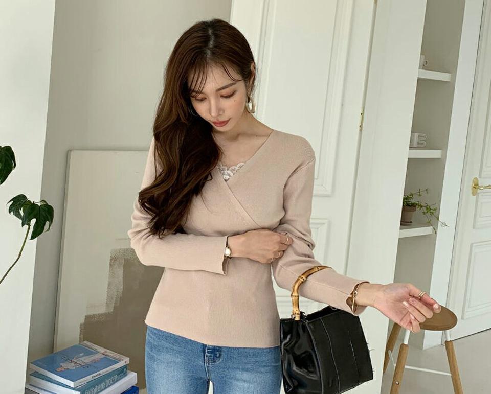 リブカシュクールニット・全4色・t67165 レディース 【tops】【トップス ニット ニットトップス 長袖 カシュクール リブ リブニット 単色 フェミニン シンプル 大人 きれいめ 春 秋 韓国 ファッション】【ハイホリHIHOLLI】