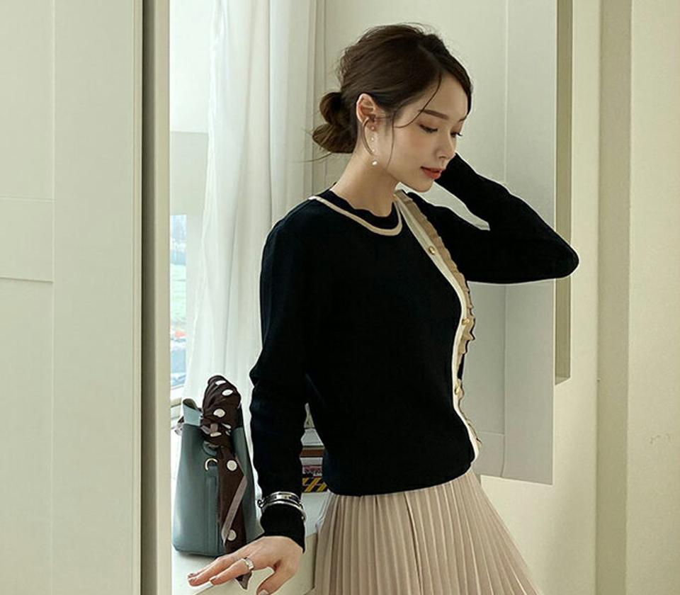 ダイアゴナル配色ニット・全2色・t67164 レディース 【tops】【トップス ニット ニットトップス 長袖 配色 ダイアゴナル 大人 フリル ユニーク きれいめ 春 秋 韓国 ファッション】【ハイホリHIHOLLI】